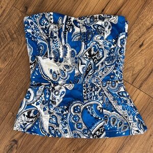 French Connection Blue and White Strapless Top